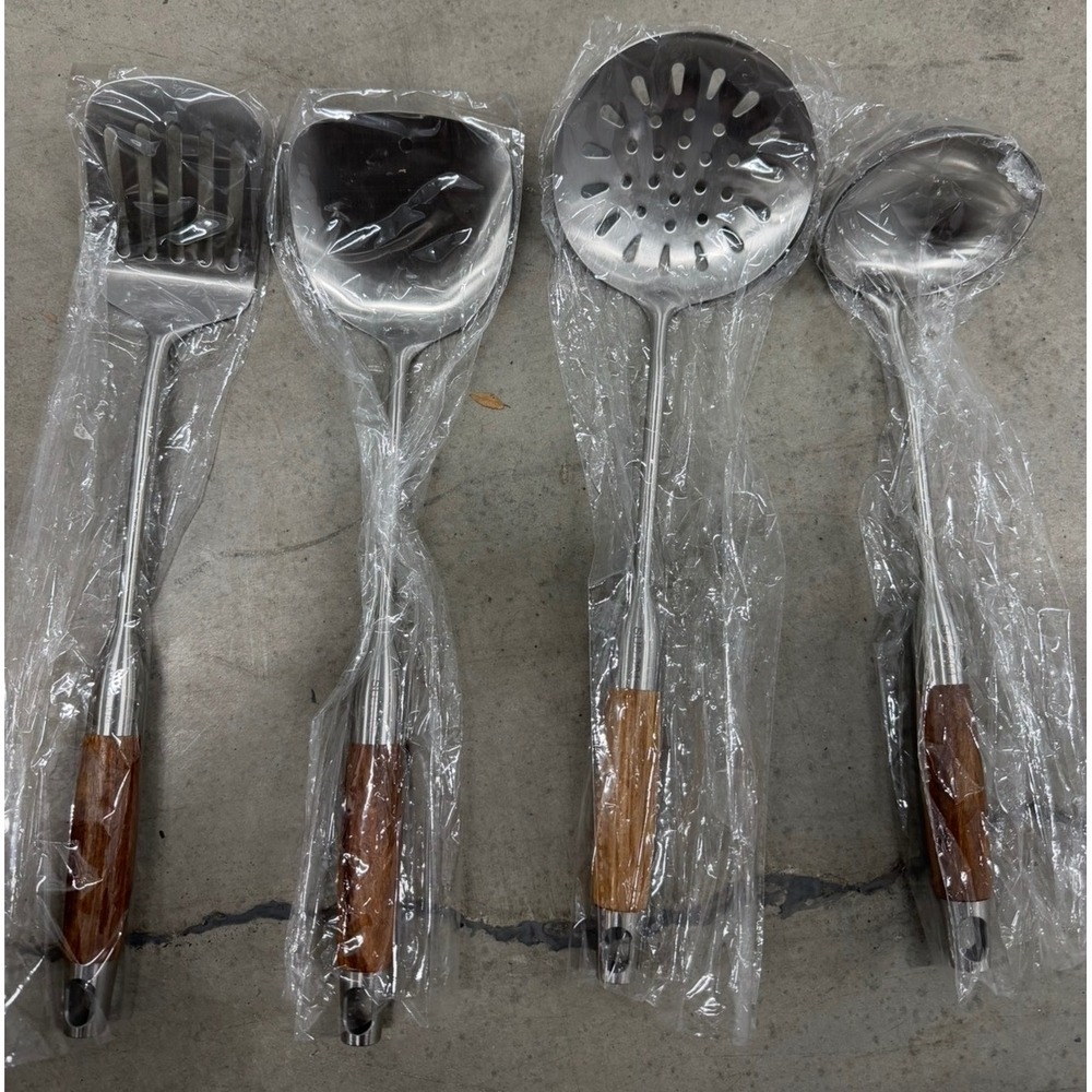 4pc Stainless Steel Kitchen Utensil Set Wood Handle Ladle Skimmer Turner Spatula